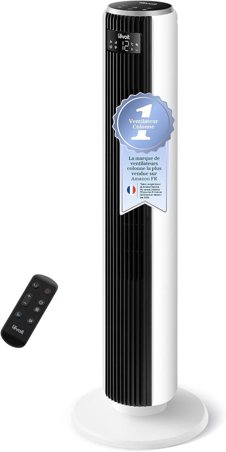 LEVOIT 20dB Silent Column Fan, 7.9m/s DC Motor, 26W, Oscillating 90° with 12 Speeds, 12H Timer, 4 Modes, LED Cooling Display with Remote Control, White