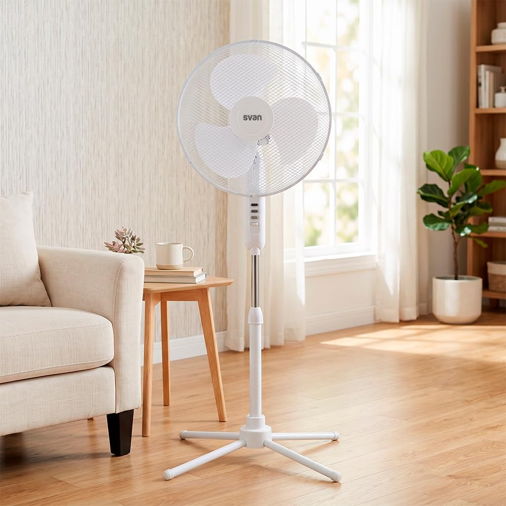 Silent Pedestal Fan 40 W White with Purple Blades | Oscillating Fan Ø40 cm | 3 Speeds | Adjustable Height | Low Power Consumption