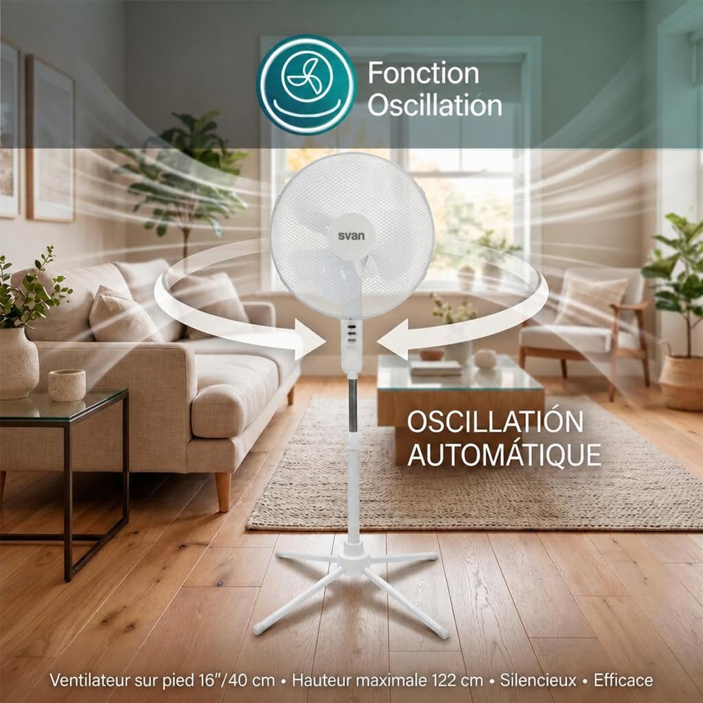 Silent Pedestal Fan 40 W White with Purple Blades | Oscillating Fan Ø40 cm | 3 Speeds | Adjustable Height | Low Power Consumption