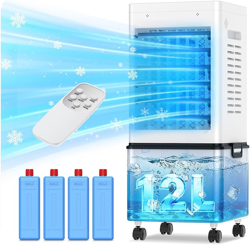 Mobile Air Conditioner, Silent No Evacuation 12L Air Freshener, Air Inlet on 3 Sides, 45W, 6 Speed, 24H Timer, 3 Modes, 60°/120° Oscillation, 4 Ice Blocks for Bedroom, Office