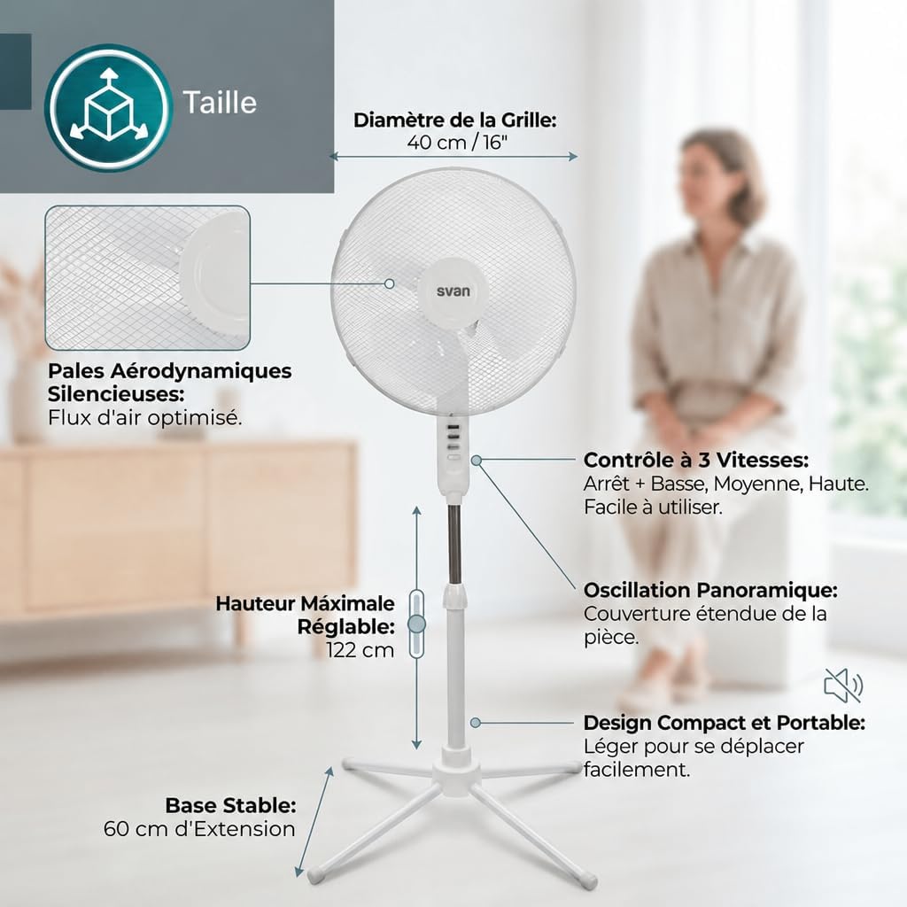 Silent Pedestal Fan 40 W White with Purple Blades | Oscillating Fan Ø40 cm | 3 Speeds | Adjustable Height | Low Power Consumption