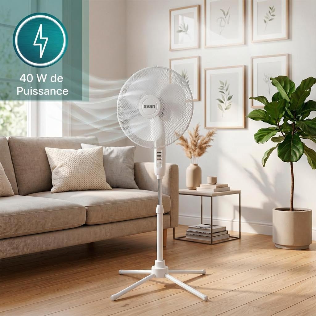 Silent Pedestal Fan 40 W White with Purple Blades | Oscillating Fan Ø40 cm | 3 Speeds | Adjustable Height | Low Power Consumption