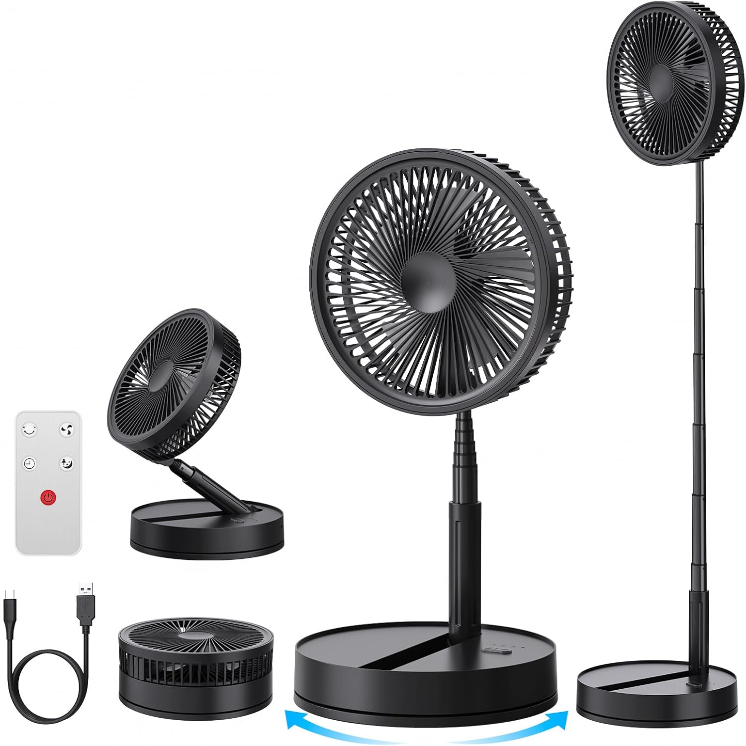 Portable Silent Standing Fan with Remote Control, 8.6 Inch 8000 mAh USB Rechargeable Foldable Fan for Floor/Coffee Table, 4 Speeds/Oscillating Timer Fans for Office Bedroom Sleeping (Black)