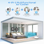 Mobile Air Conditioner, Silent No Evacuation 12L Air Freshener, Air Inlet on 3 Sides, 45W, 6 Speed, 24H Timer, 3 Modes, 60°/120° Oscillation, 4 Ice Blocks for Bedroom, Office
