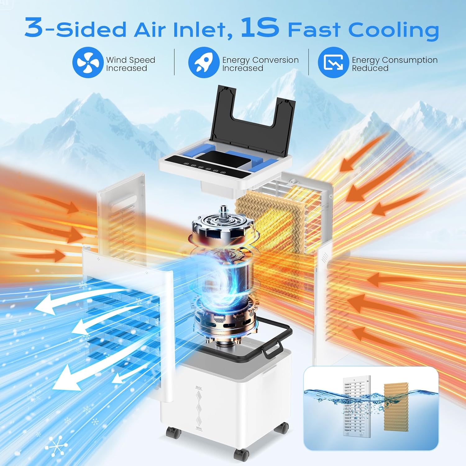 Mobile Air Conditioner, Silent No Evacuation 12L Air Freshener, Air Inlet on 3 Sides, 45W, 6 Speed, 24H Timer, 3 Modes, 60°/120° Oscillation, 4 Ice Blocks for Bedroom, Office
