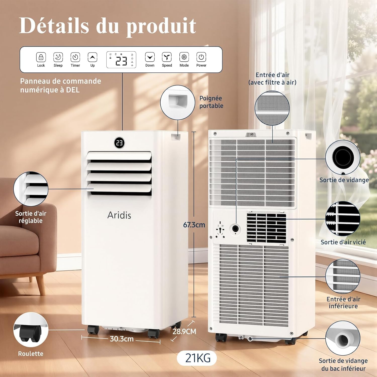 9000 BTU Mobile Air Conditioner - 4 in 1 Silent Portable Air Conditioner - Remote Control, 24-Hour Timer & Sleep Mode, Mobile Air Conditioner for Home and Office, Window Evacuation Kit Included