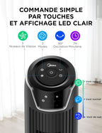 Midea FZ10-17JR Tower Fans with Remote Control, Silent Oscillation, Powerful Fan, LED Display, 3 Modes, 7 Hours Timer, Timeless and Elegant Design