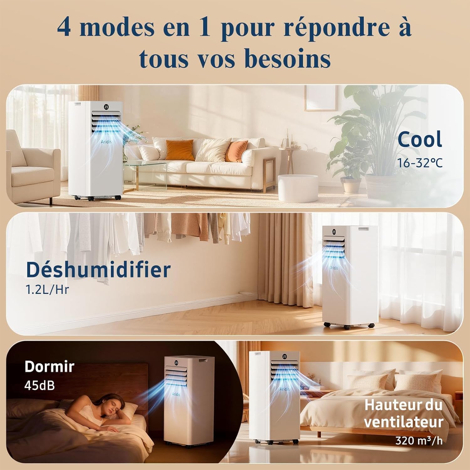 9000 BTU Mobile Air Conditioner - 4 in 1 Silent Portable Air Conditioner - Remote Control, 24-Hour Timer & Sleep Mode, Mobile Air Conditioner for Home and Office, Window Evacuation Kit Included