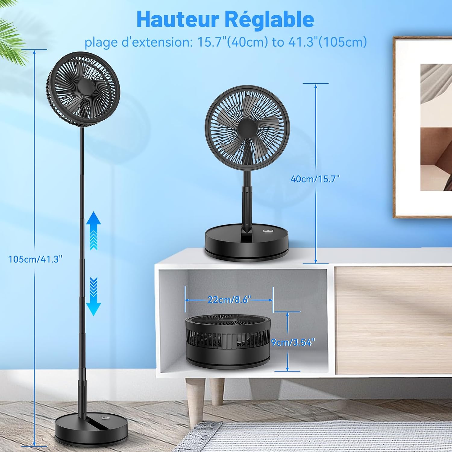Portable Silent Standing Fan with Remote Control, 8.6 Inch 8000 mAh USB Rechargeable Foldable Fan for Floor/Coffee Table, 4 Speeds/Oscillating Timer Fans for Office Bedroom Sleeping (Black)