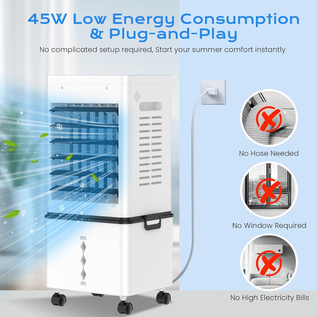 Mobile Air Conditioner, Silent No Evacuation 12L Air Freshener, Air Inlet on 3 Sides, 45W, 6 Speed, 24H Timer, 3 Modes, 60°/120° Oscillation, 4 Ice Blocks for Bedroom, Office