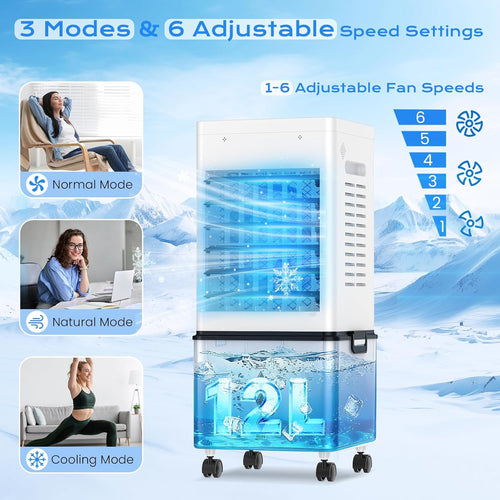 Mobile Air Conditioner, Silent No Evacuation 12L Air Freshener, Air Inlet on 3 Sides, 45W, 6 Speed, 24H Timer, 3 Modes, 60°/120° Oscillation, 4 Ice Blocks for Bedroom, Office