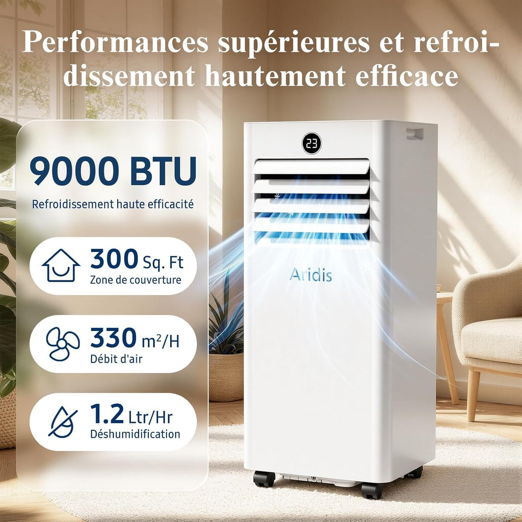 9000 BTU Mobile Air Conditioner - 4 in 1 Silent Portable Air Conditioner - Remote Control, 24-Hour Timer & Sleep Mode, Mobile Air Conditioner for Home and Office, Window Evacuation Kit Included