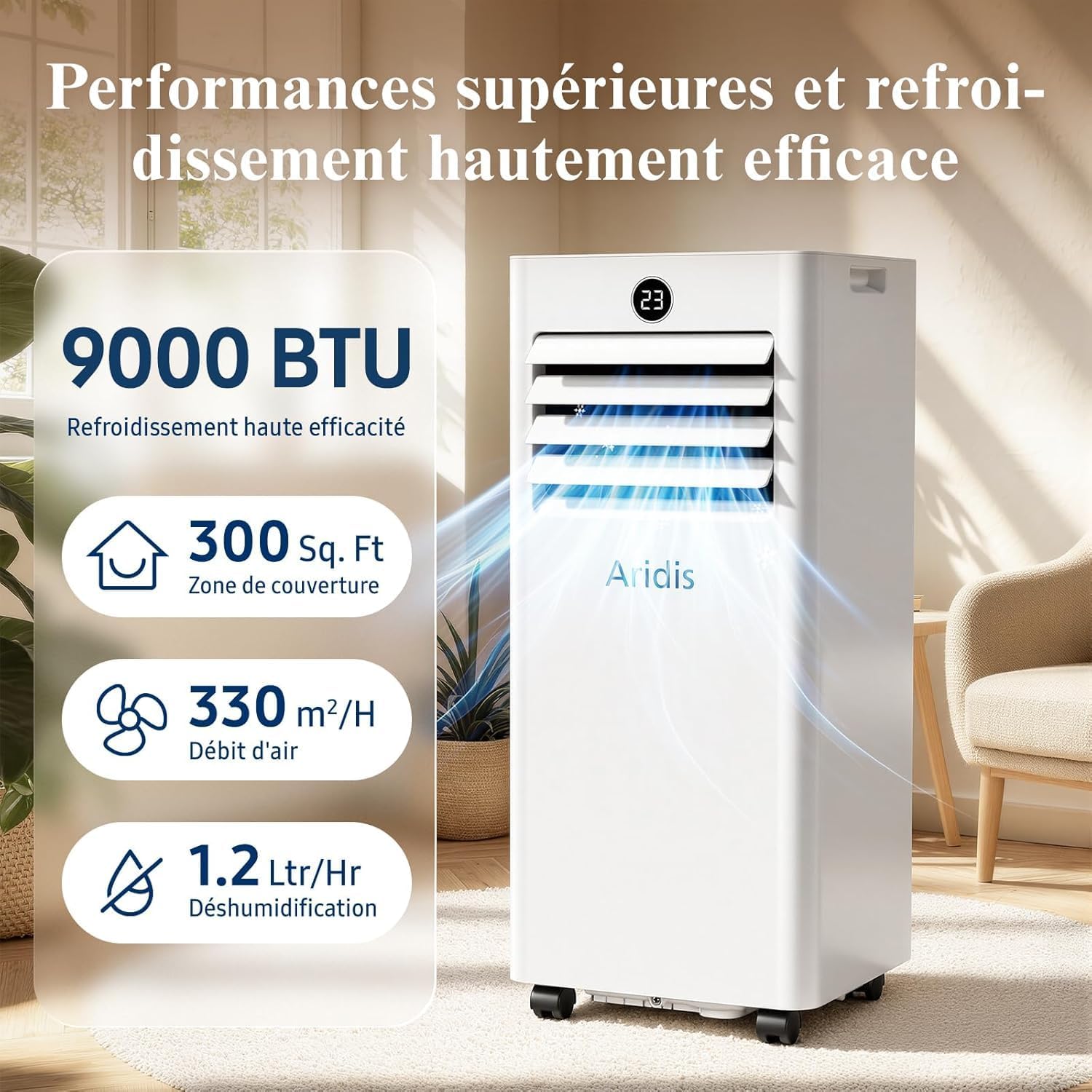 9000 BTU Mobile Air Conditioner - 4 in 1 Silent Portable Air Conditioner - Remote Control, 24-Hour Timer & Sleep Mode, Mobile Air Conditioner for Home and Office, Window Evacuation Kit Included