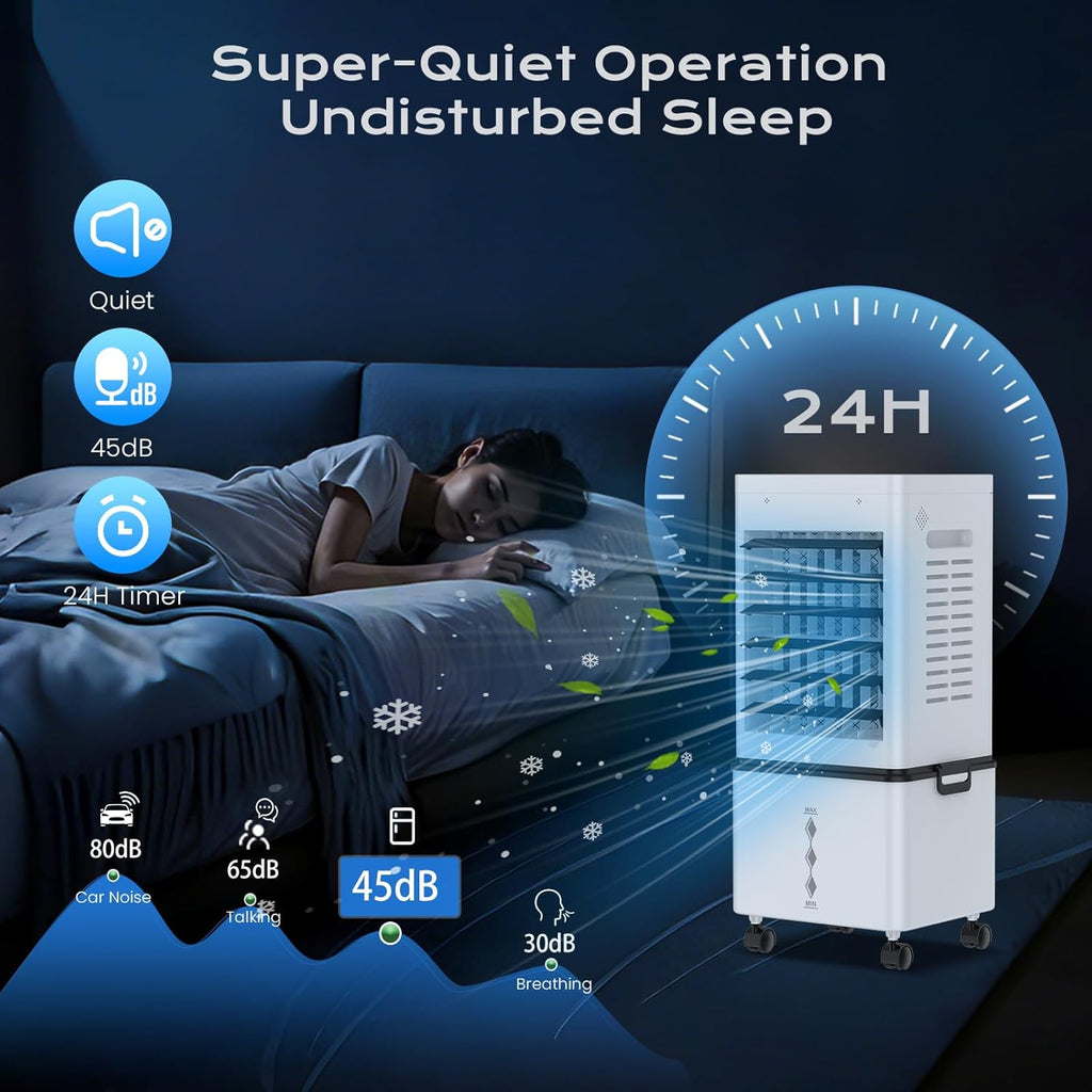 Mobile Air Conditioner, Silent No Evacuation 12L Air Freshener, Air Inlet on 3 Sides, 45W, 6 Speed, 24H Timer, 3 Modes, 60°/120° Oscillation, 4 Ice Blocks for Bedroom, Office