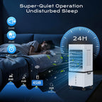 Mobile Air Conditioner, Silent No Evacuation 12L Air Freshener, Air Inlet on 3 Sides, 45W, 6 Speed, 24H Timer, 3 Modes, 60°/120° Oscillation, 4 Ice Blocks for Bedroom, Office
