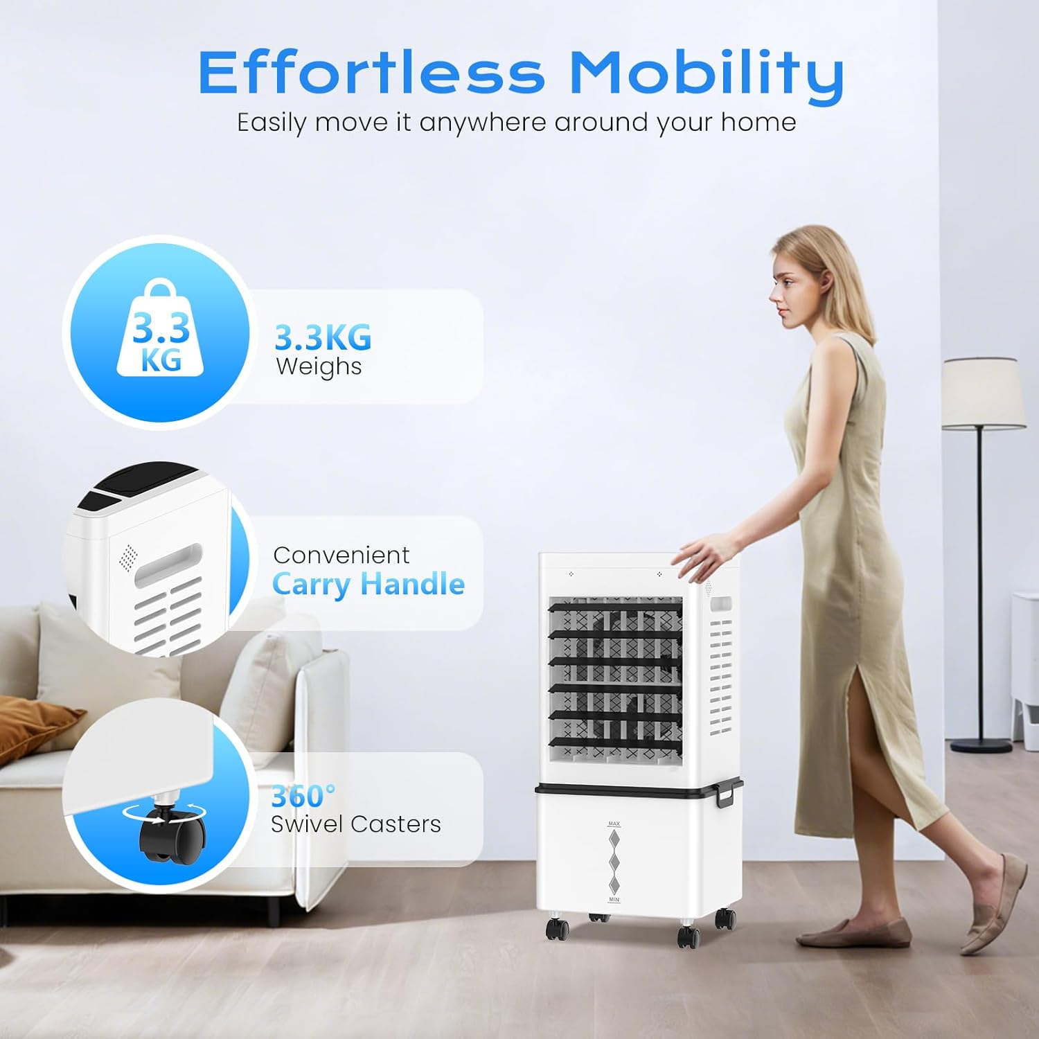Mobile Air Conditioner, Silent No Evacuation 12L Air Freshener, Air Inlet on 3 Sides, 45W, 6 Speed, 24H Timer, 3 Modes, 60°/120° Oscillation, 4 Ice Blocks for Bedroom, Office