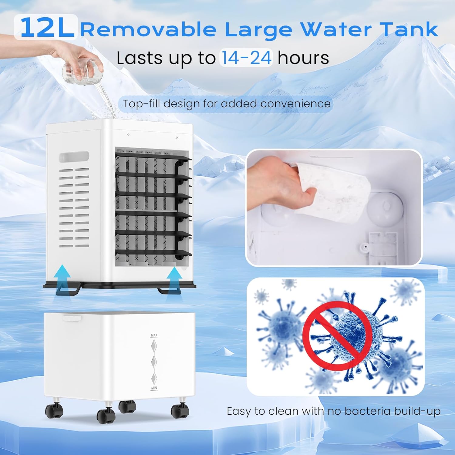Mobile Air Conditioner, Silent No Evacuation 12L Air Freshener, Air Inlet on 3 Sides, 45W, 6 Speed, 24H Timer, 3 Modes, 60°/120° Oscillation, 4 Ice Blocks for Bedroom, Office