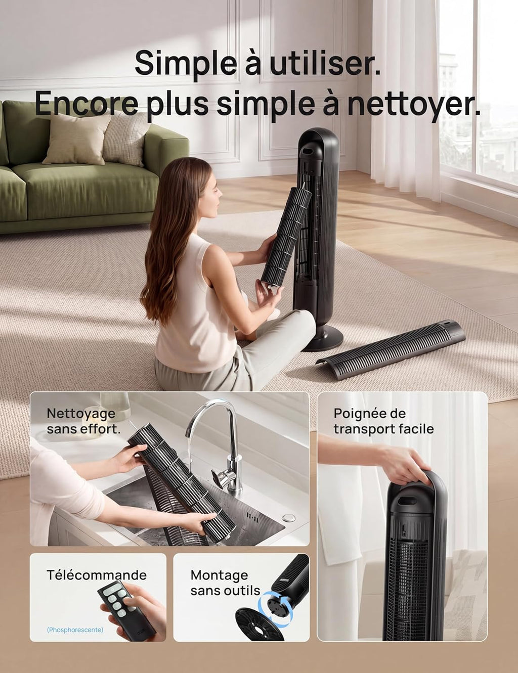 DREO Nomad One 20dB Quiet Tower Fan, Speed 7.6m/s - Oscillating 90° Tower Fans for Bedroom, 92cm High, Remote Control Included, 4 Speed, 4 Modes, 8H Timer, Black