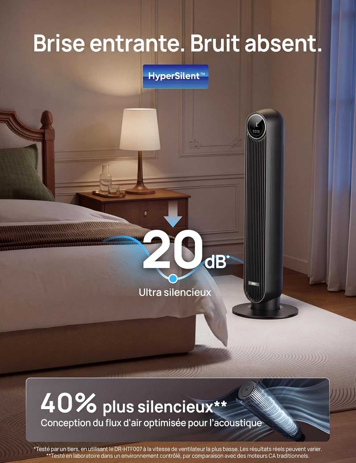 DREO Nomad One 20dB Quiet Tower Fan, Speed 7.6m/s - Oscillating 90° Tower Fans for Bedroom, 92cm High, Remote Control Included, 4 Speed, 4 Modes, 8H Timer, Black