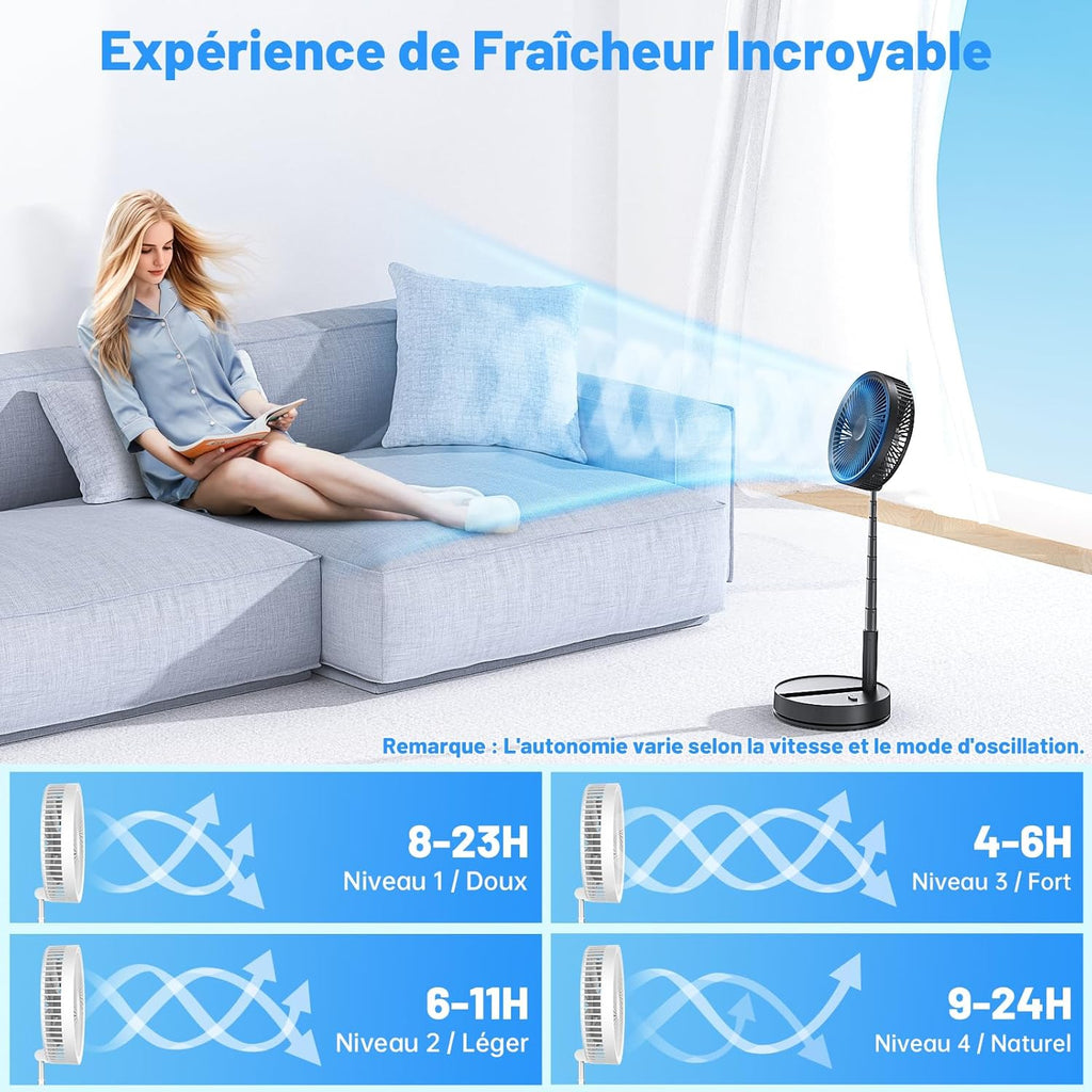 Portable Silent Standing Fan with Remote Control, 8.6 Inch 8000 mAh USB Rechargeable Foldable Fan for Floor/Coffee Table, 4 Speeds/Oscillating Timer Fans for Office Bedroom Sleeping (Black)