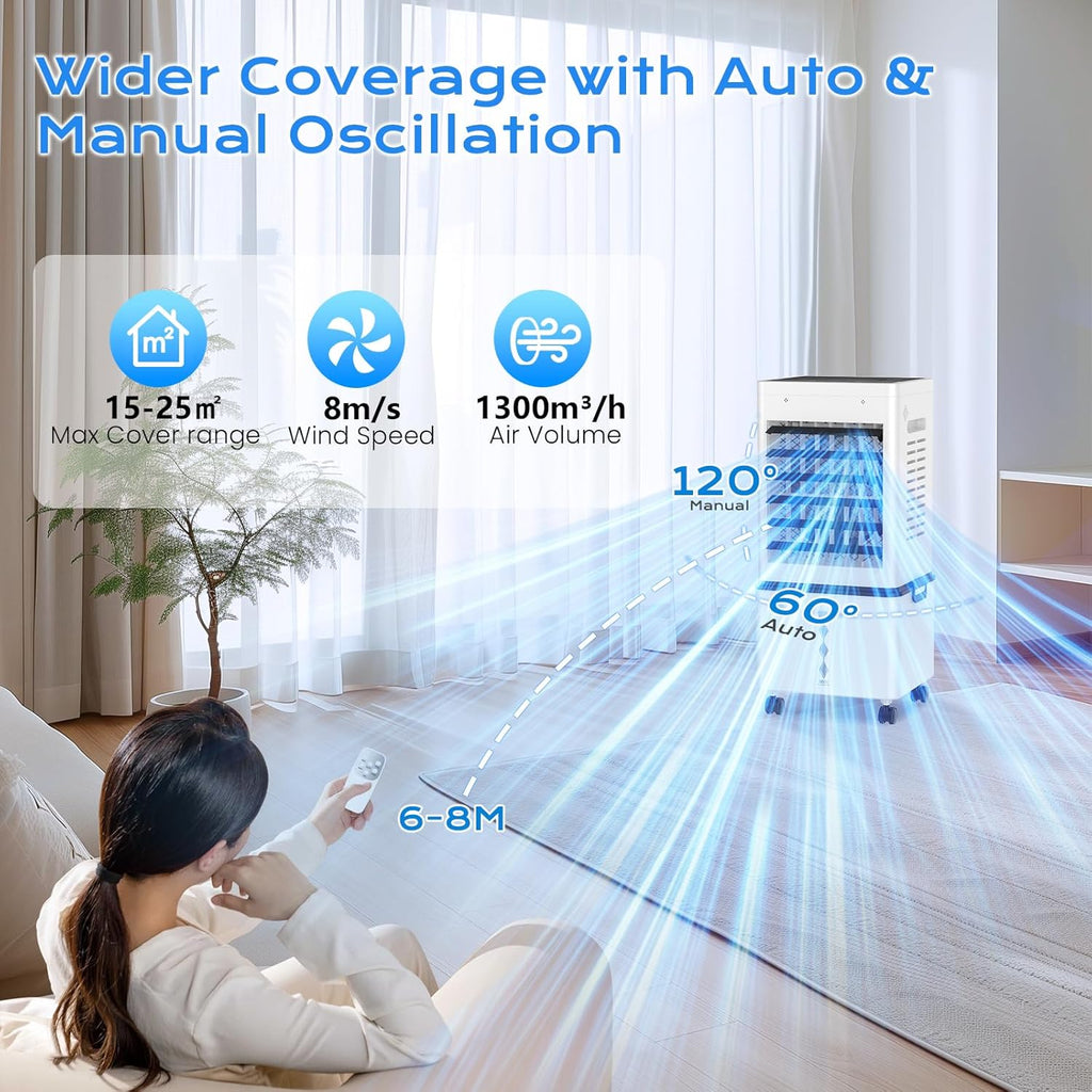 Mobile Air Conditioner, Silent No Evacuation 12L Air Freshener, Air Inlet on 3 Sides, 45W, 6 Speed, 24H Timer, 3 Modes, 60°/120° Oscillation, 4 Ice Blocks for Bedroom, Office