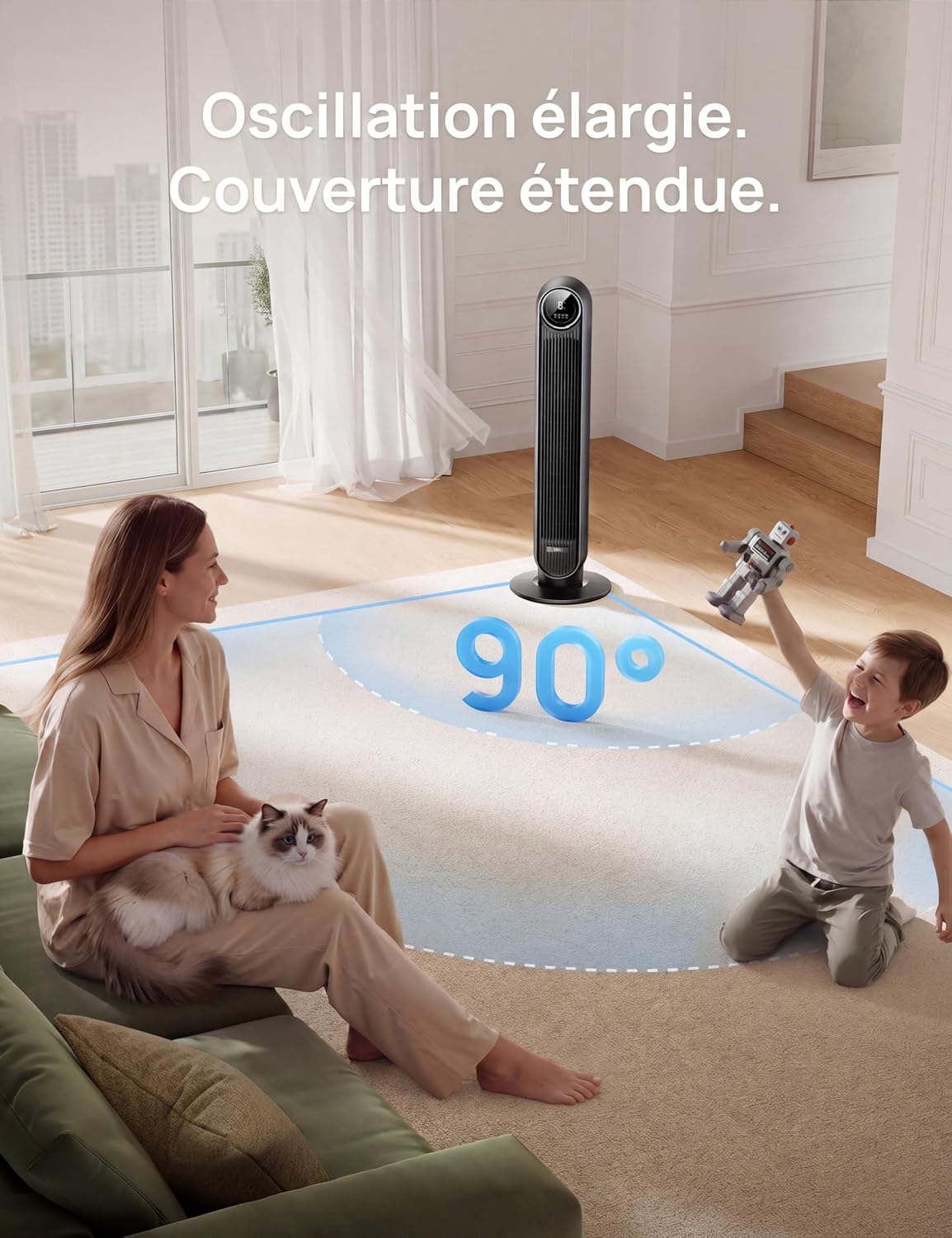 DREO Nomad One 20dB Quiet Tower Fan, Speed 7.6m/s - Oscillating 90° Tower Fans for Bedroom, 92cm High, Remote Control Included, 4 Speed, 4 Modes, 8H Timer, Black
