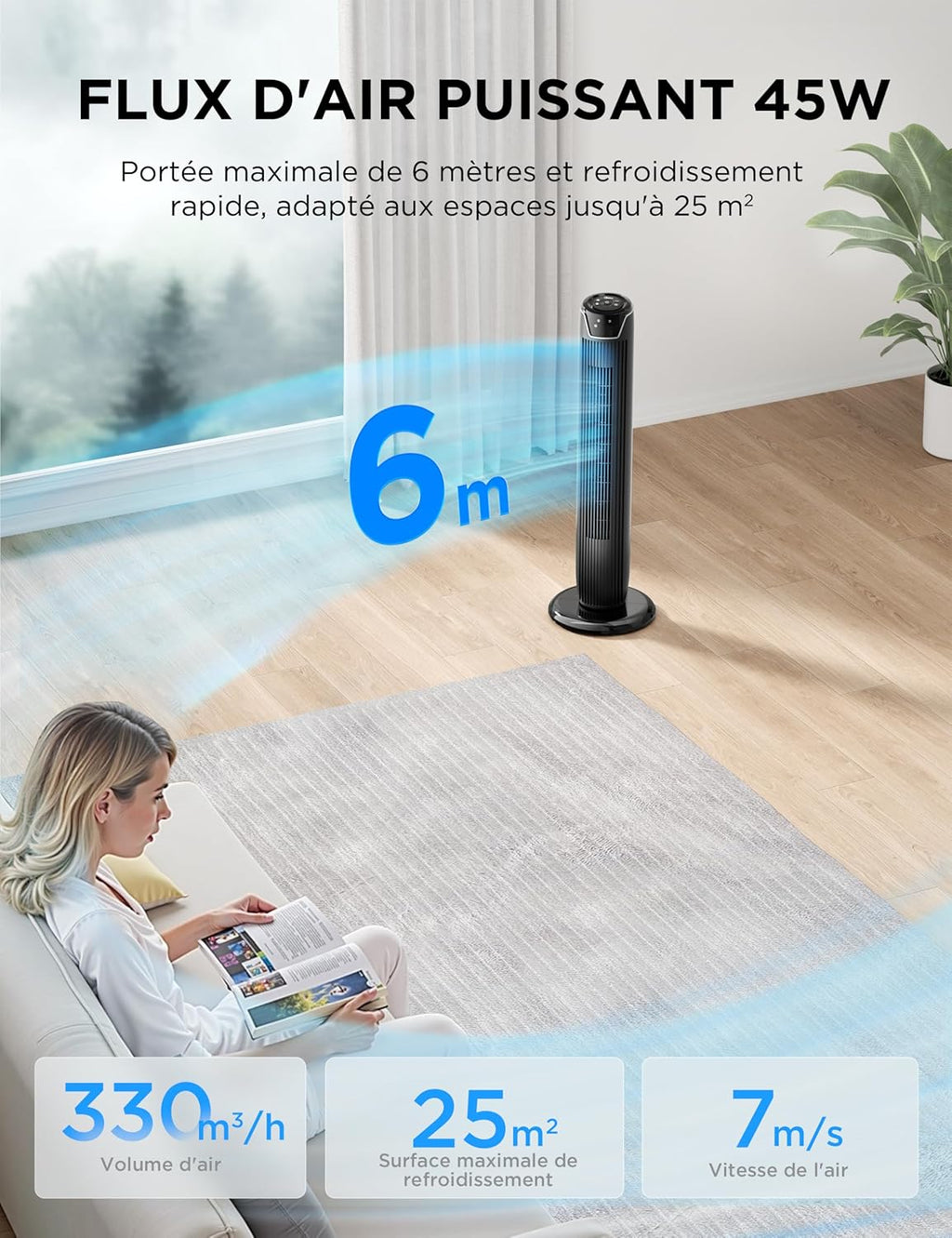 Midea FZ10-17JR Tower Fans with Remote Control, Silent Oscillation, Powerful Fan, LED Display, 3 Modes, 7 Hours Timer, Timeless and Elegant Design