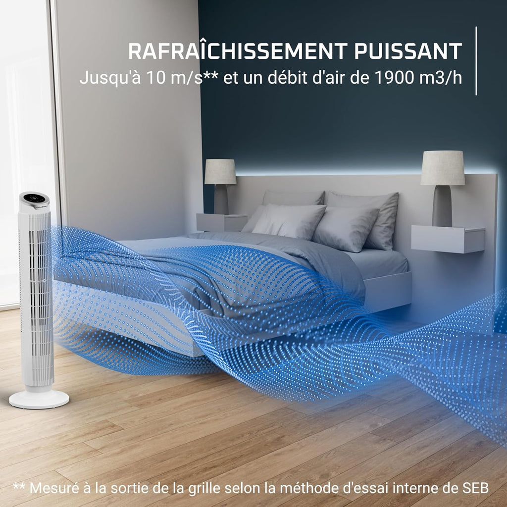 Rowenta Eole Silence Force Column Fan, 1900 m³/h, Up to 10 m/s, Silent 22 dB(A), Effitech Motor, 8 Speed, 4 Modes, 90° Oscillation, Remote Control, VU7025F0